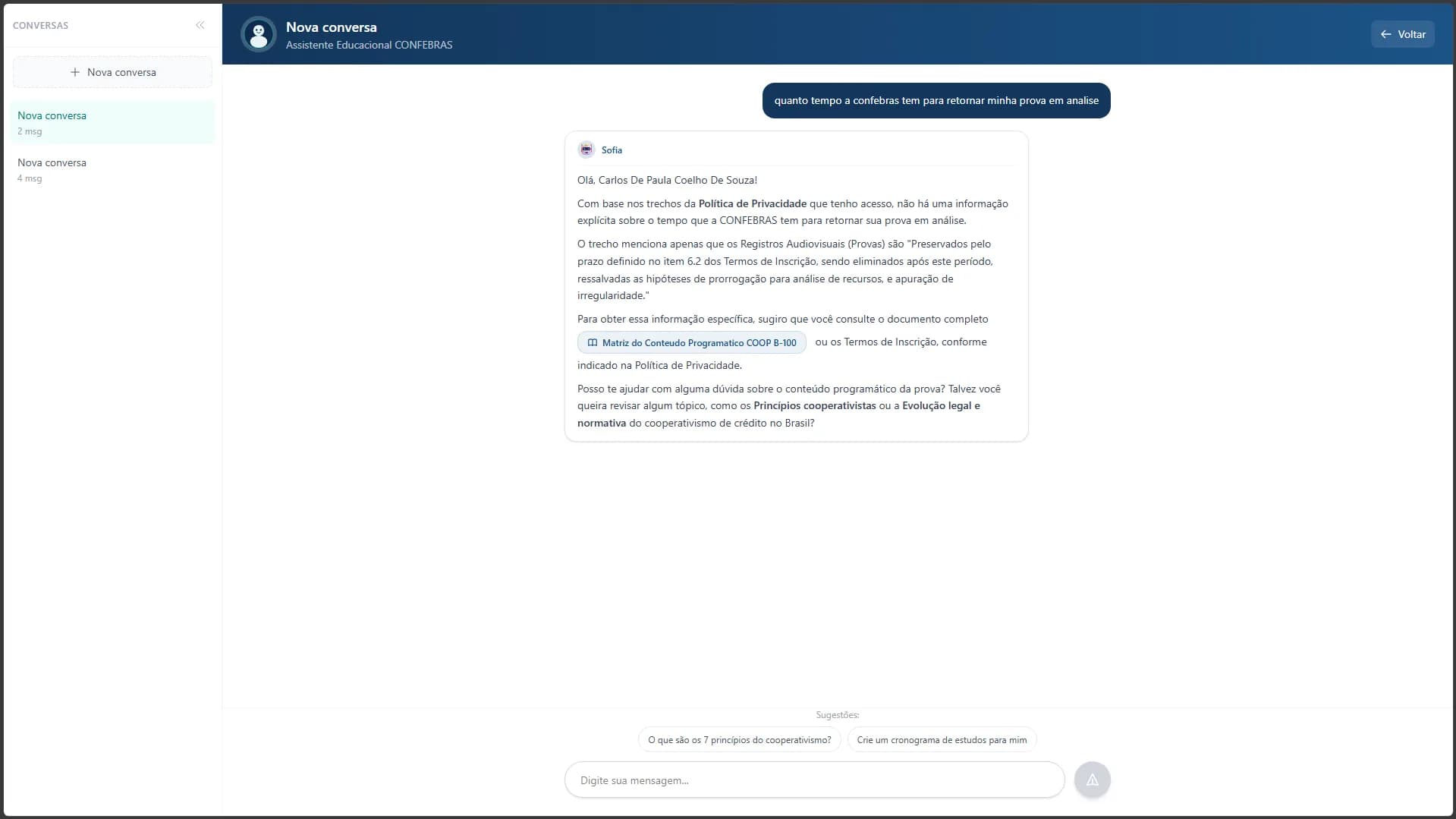 Tela da certificação CONFEBRAS com área inicial do sistema