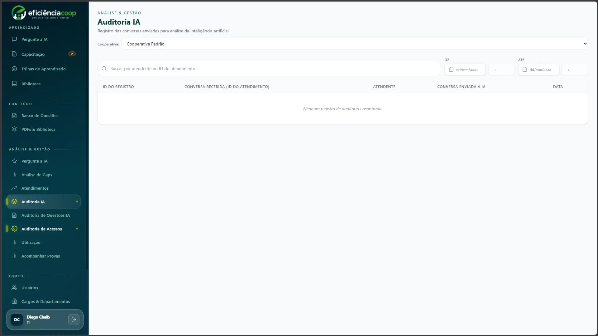 Tela do EficiênciaCoop com visão inicial da plataforma