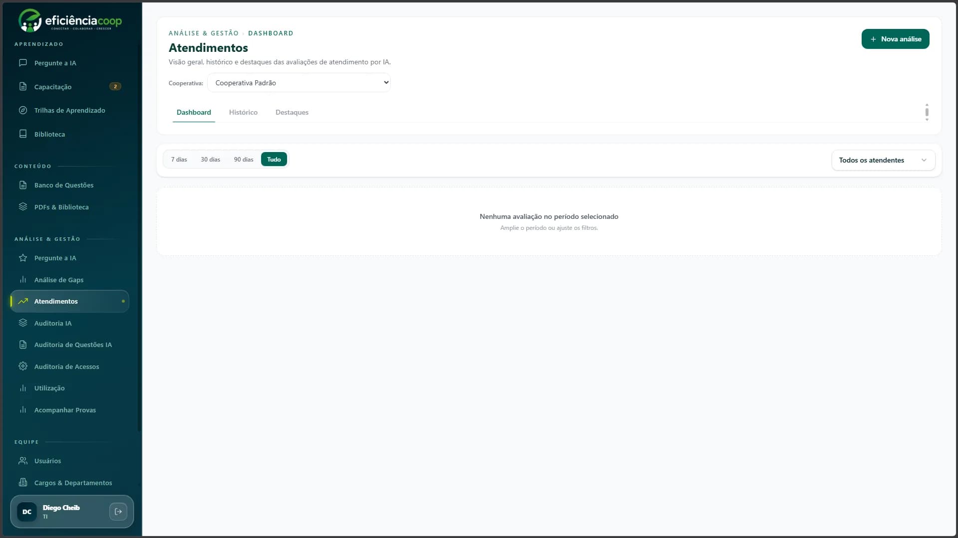 Tela do EficiênciaCoop com navegação de módulos